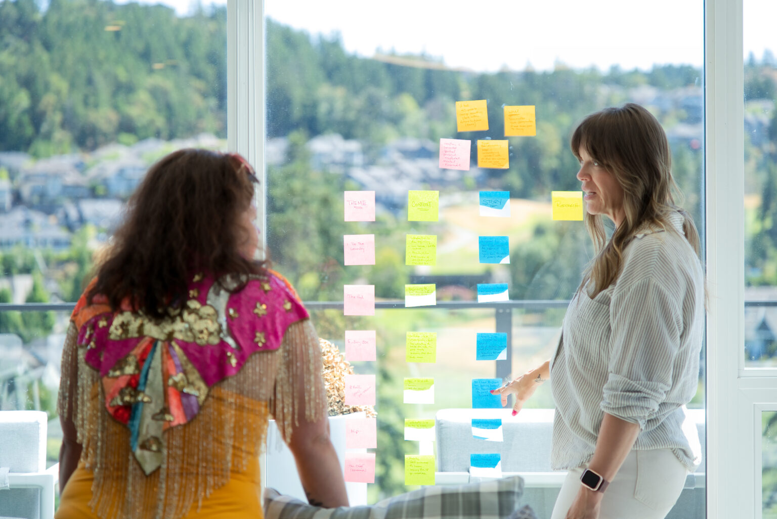 Two writers building a chapter map on the window at a Createcation in Victoria, BC