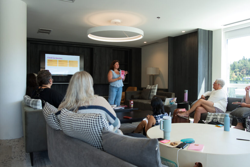 Writers working through a session in the retreat lounge