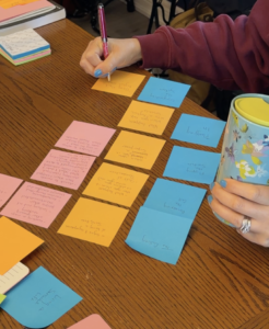 Index cards and sticky notes spread across a table as a writer maps out a book